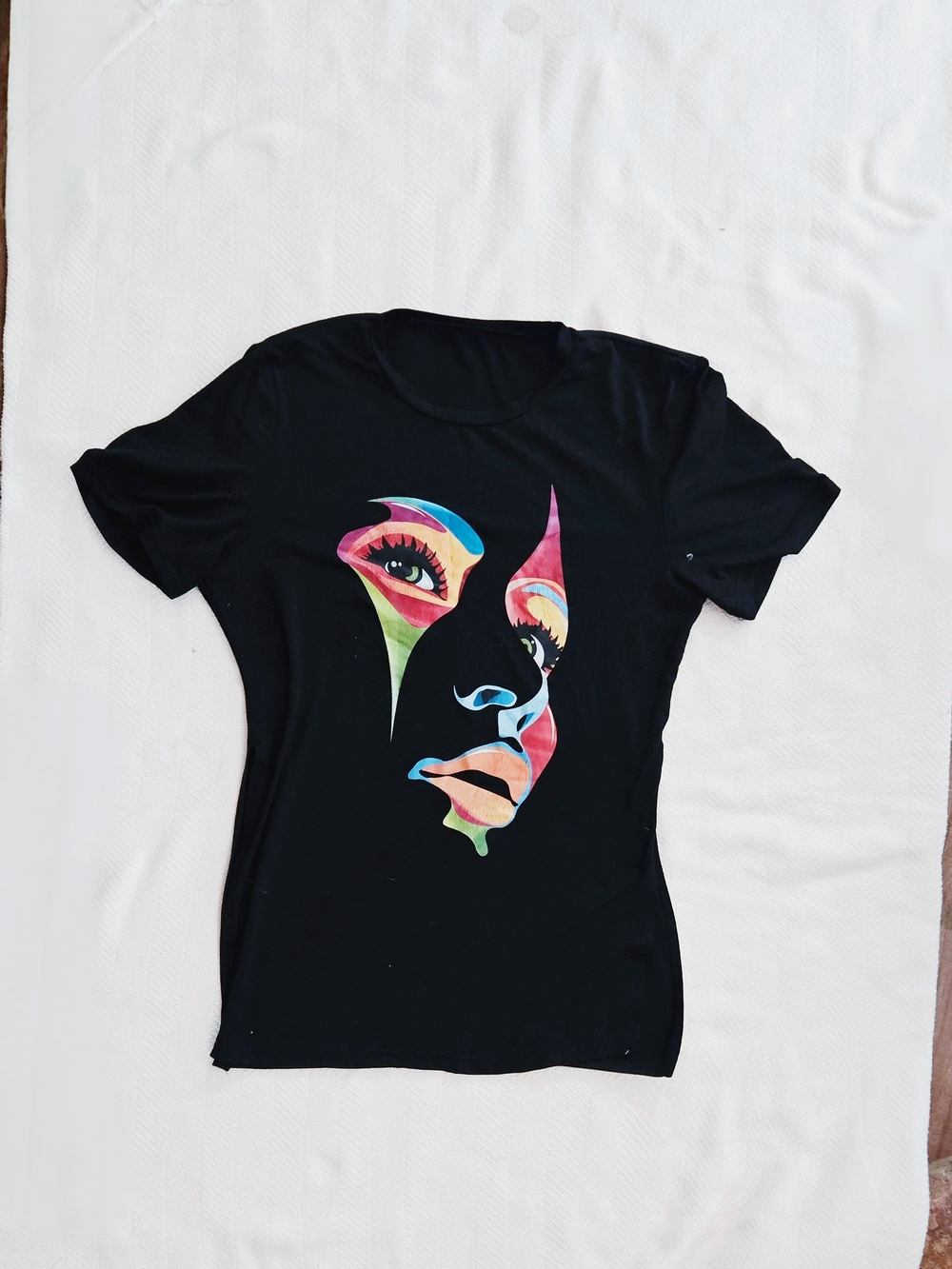 Black Graphic Tee with Colorful Abstract Face